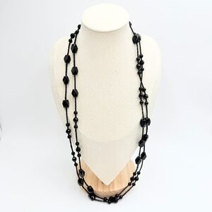 Black Faceted Beaded Long Necklace Knotted Geometric Statement